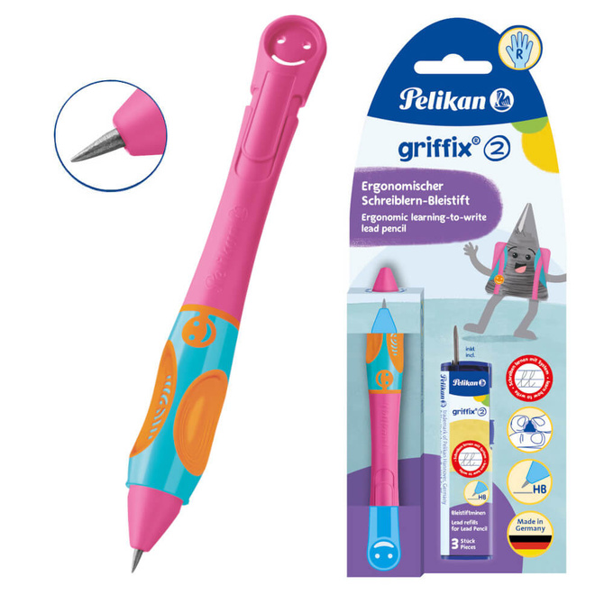 Ołówek Griffix 2 nauki pisania Praworęczny +3 wkłady Lovely Pink PELIKAN