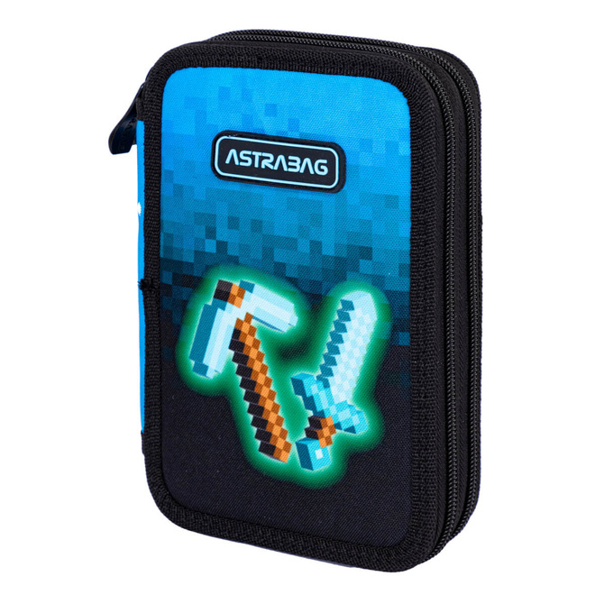 Piórnik podwójny dwukomorowy Minecraft Blue Pixel z wyposażeniem AstraBag