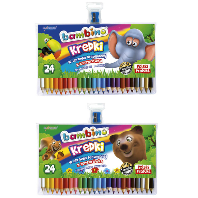 Kredki ołówkowe grube Jumbo 24 kolorów + temperówka BAMBINO