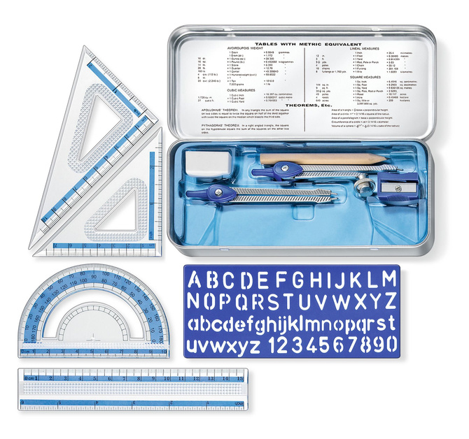 Zestaw geometryczny kreślarski cyrkiel ekierka metalowe etui 10el STAEDTLER