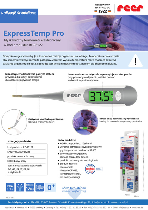 Termometr medyczny końcówka z złota LCD XL timer REER