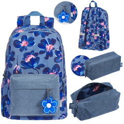 Plecak szkolny młodzież 26l+ piórnik niebieski kwiatki sztruks Bloom OXFORD