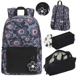 Plecak szkolny młodzieżowy 26l+ piórnik szary kwiatki sztruks Bloom OXFORD