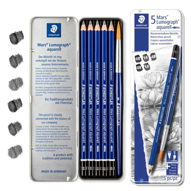Zestaw ołówki akwarelowe 5szt + pędzelek 4B 6B 8B Mars Lumograph STAEDTLER
