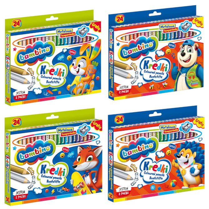 Kredki ołówkowe grube Jumbo 24 kolorów + temperówka BAMBINO