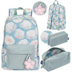 Plecak szkolny młodzieżow 26l+ piórnik miętowy kwiatki sztruks Bloom OXFORD