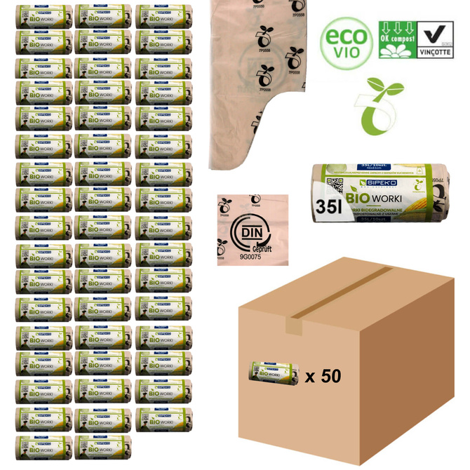 Worki biodegradowalne kompostowalne ATEST 35L 500 sztuk 50 rolek SIPEKO