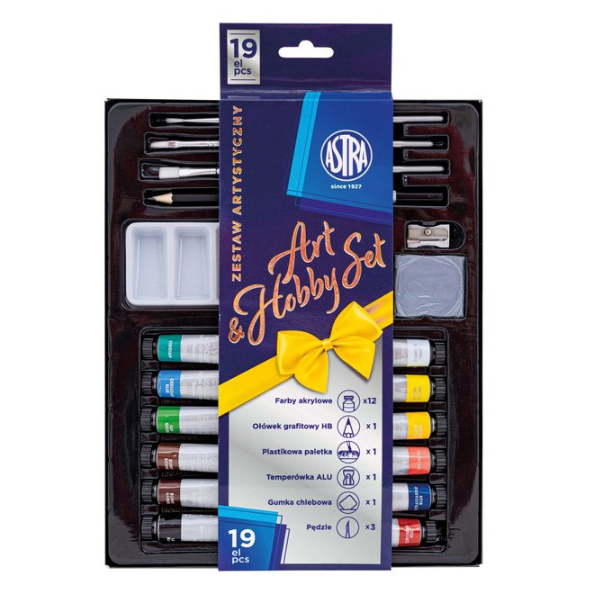 Zestaw artystyczny farby akrylowe pędzle 19el na prezent Art&Hobby ASTRA