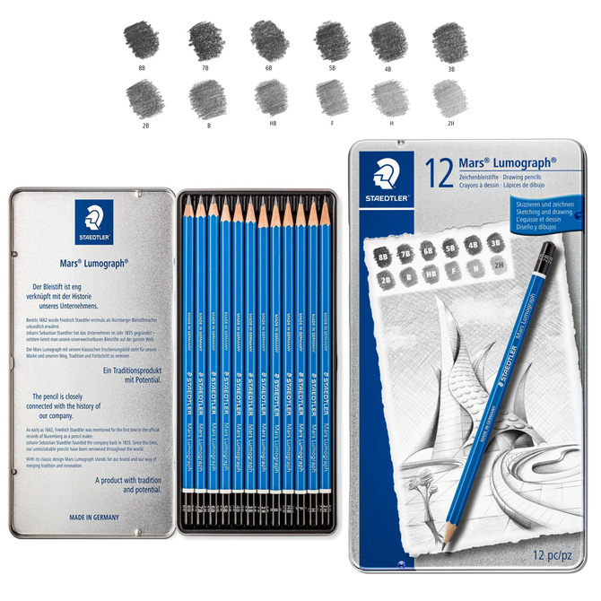 Zestaw ołówek 12szt 8B-2H metalowym pudełku etui Mars Lumograph STAEDTLER