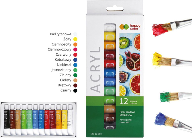 Farby akrylowe w tubce zestaw 12 kolorów x 12ml HAPPY COLOR