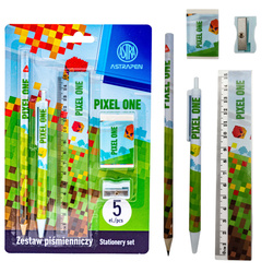 Zestaw piśmienniczy 5el długopis ołówek linijka gumka Pixel Minecraft ASTRA