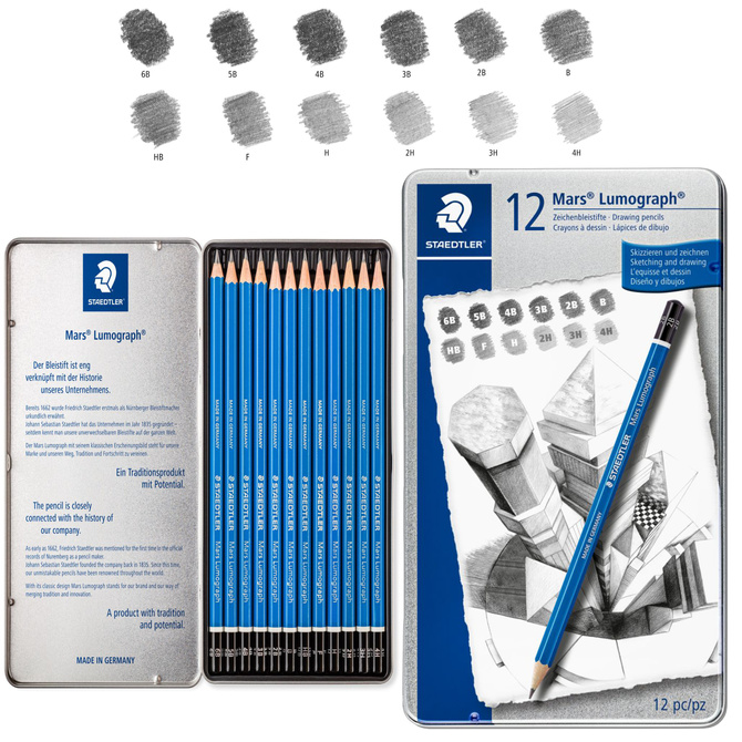 Zestaw ołówek 12szt 6B-4H metalowym pudełku etui Mars Lumograph STAEDTLER