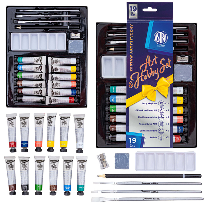 Zestaw artystyczny farby akrylowe pędzle 19el na prezent Art&Hobby ASTRA