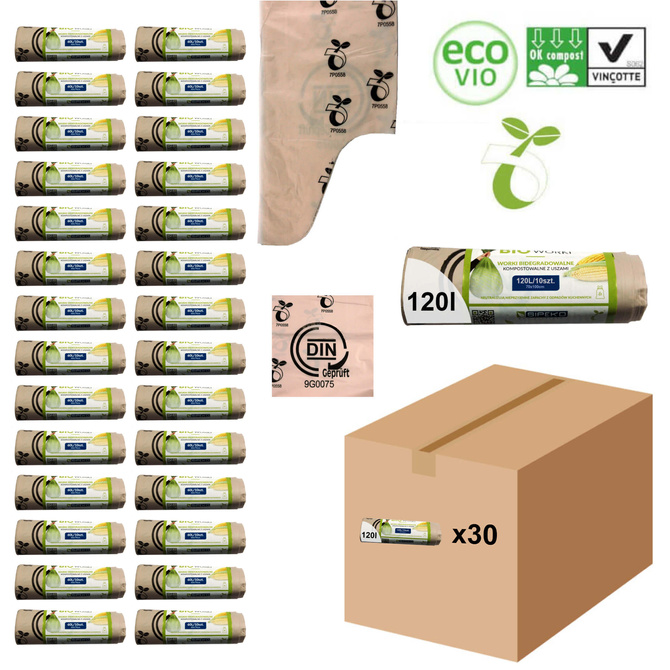 Worki biodegradowalne kompostowalne ATEST 120L 300 sztuk 30 rolek SIPEKO