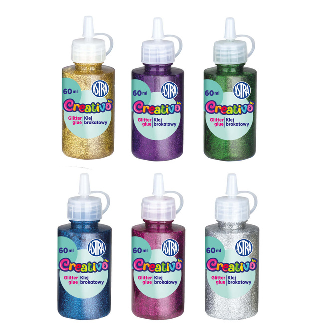Zestaw klej brokatowy z brokatem XXL w tubce 6 kolorów 12szt po 60ml ASTRA