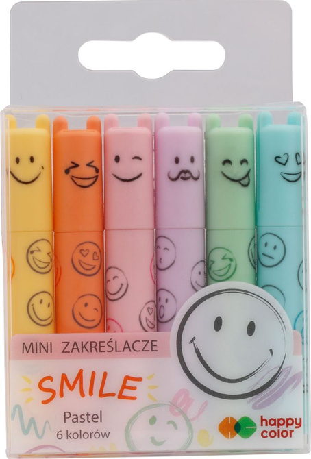 Zakreślacze mini pisaki pastelowe emotki buźki Smile 6szt HAPPY COLOR