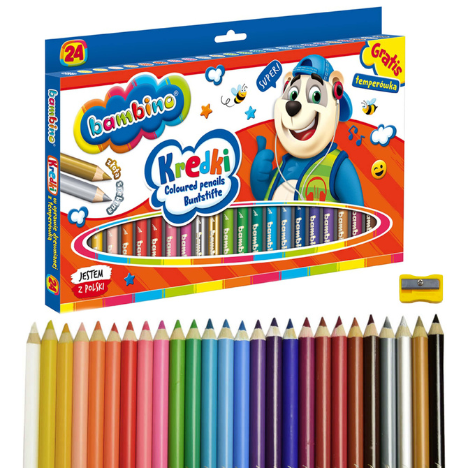 Kredki ołówkowe grube Jumbo 24 kolorów + temperówka BAMBINO