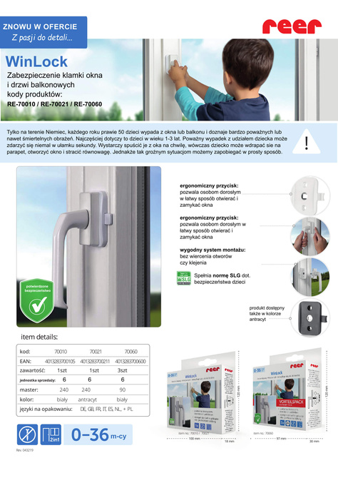 Zabezpieczenie klamki okna drzwi balkonowych 3szt REER