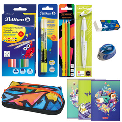 Wyprawka szkolna do szkoły piórnik zeszyty pióro 10el. PELIKAN