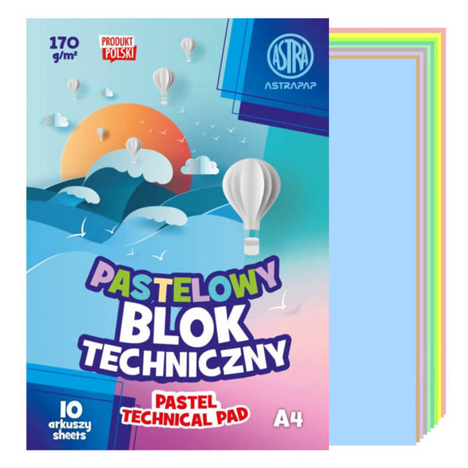 Blok techniczny A4 pastelowy 10 kart 170g/m2 ASTRA