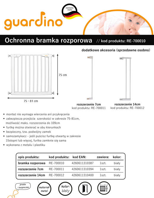 Bramka rozporowa Guardino 75-81cm wys. 75cm REER