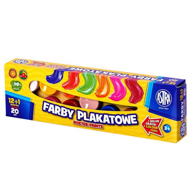 Farby plakatowe 13 kolorów x 20ml 12+1GRATIS ASTRA