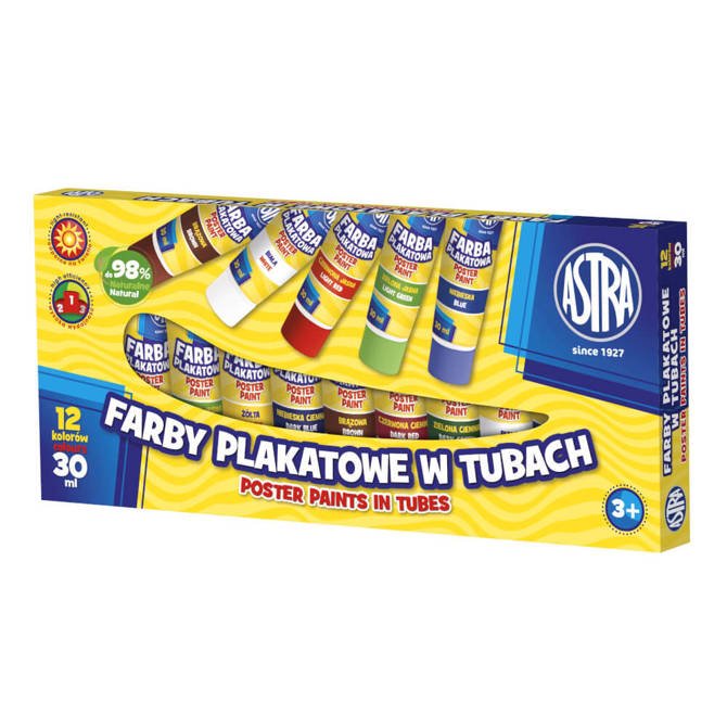 Farby plakatowe szkolne w tubach 12kol x30ml ASTRA