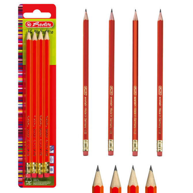 Ołówek HB z gumką drewniany szkolny biurowy 4szt HERLITZ
