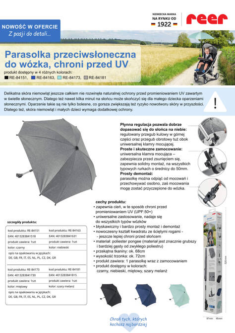 Parasolka przeciwsłoneczna REER wózka UV50+ czarna